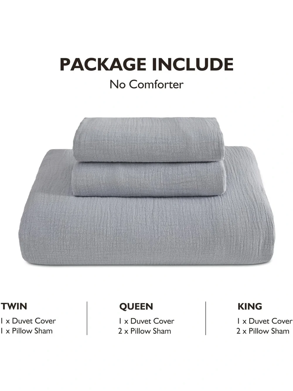 NEW EMME Muslin Cotton Duvet Cover Set Lt Grey. Linen Like Soft Breathable.